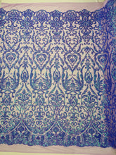 King Damask Sequin on Stretch Mesh Fabric / Sold by the Yard