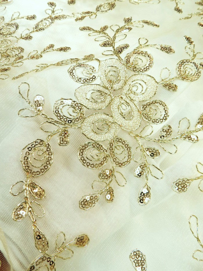 Bouquet 3D Floral Sequins Mesh Fabric - Gold