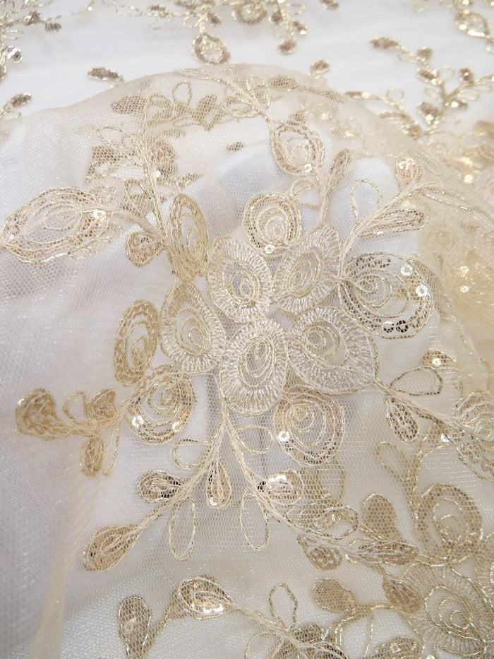 Bouquet 3D Floral Sequins Mesh Fabric - Gold