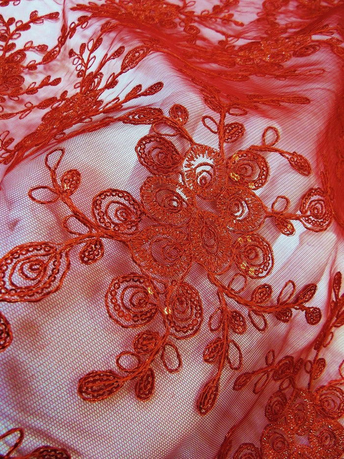 Bouquet 3D Floral Sequins Mesh Fabric - Red