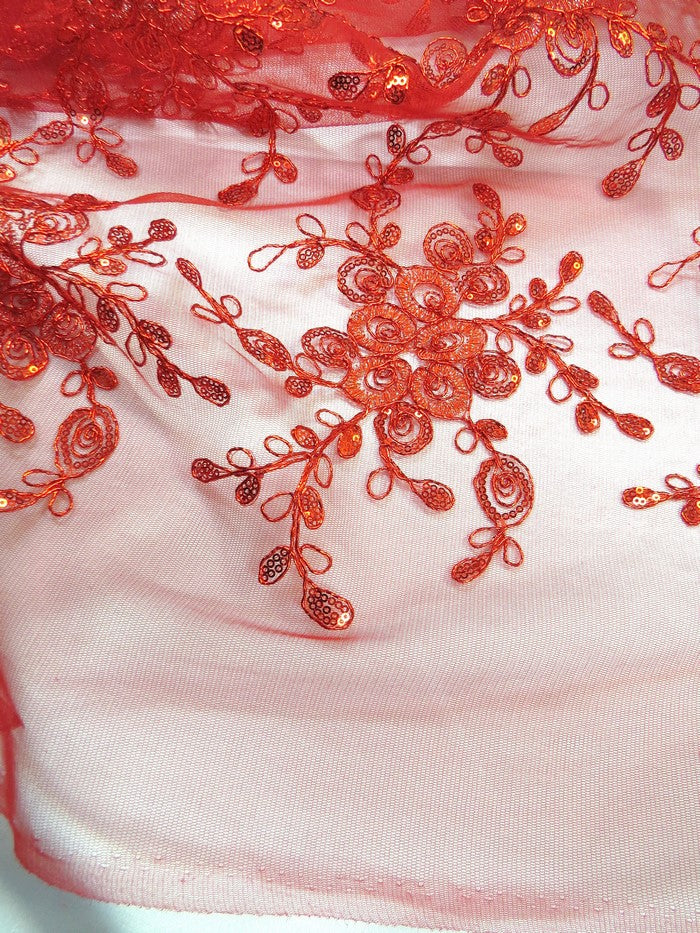 Bouquet 3D Floral Sequins Mesh Fabric - Red