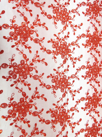 Bouquet 3D Floral Sequins Mesh Fabric - Red