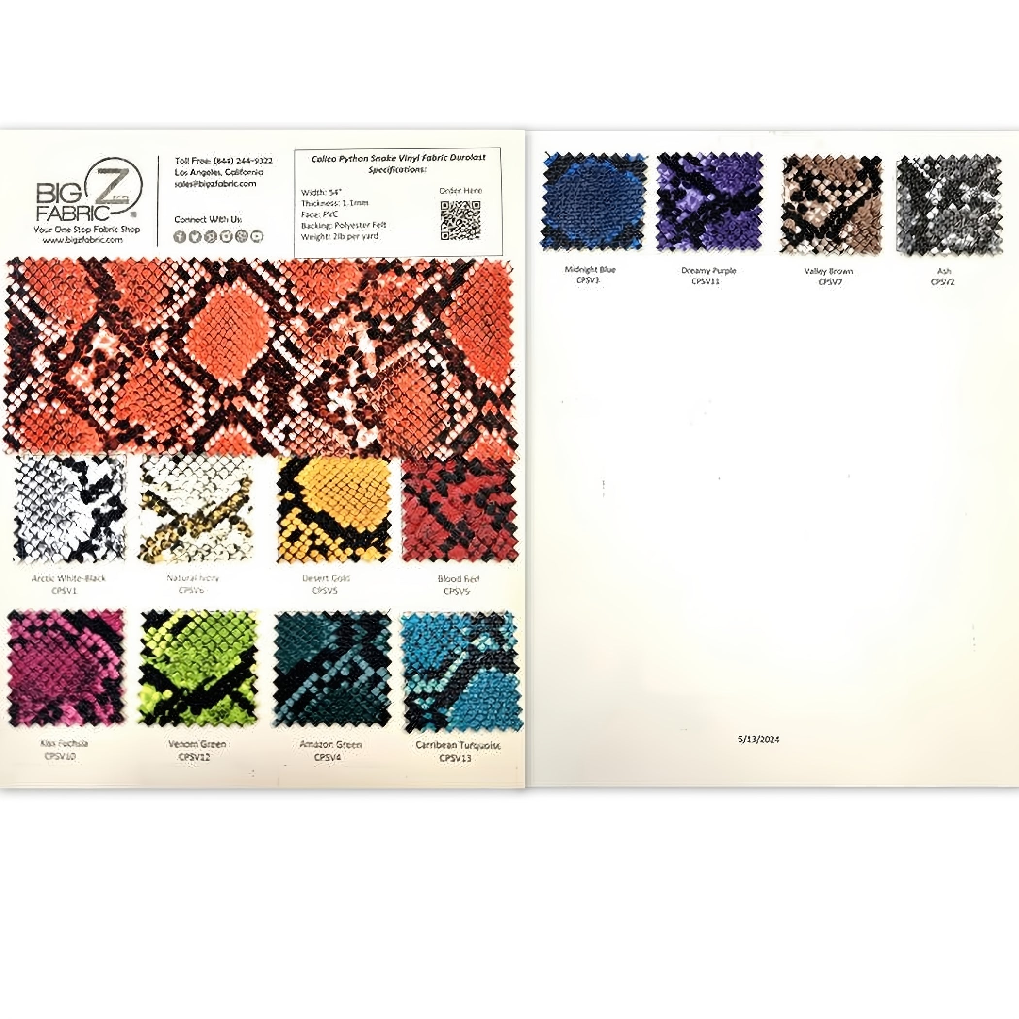 Calico Python Snake Vinyl Fabric Color Card