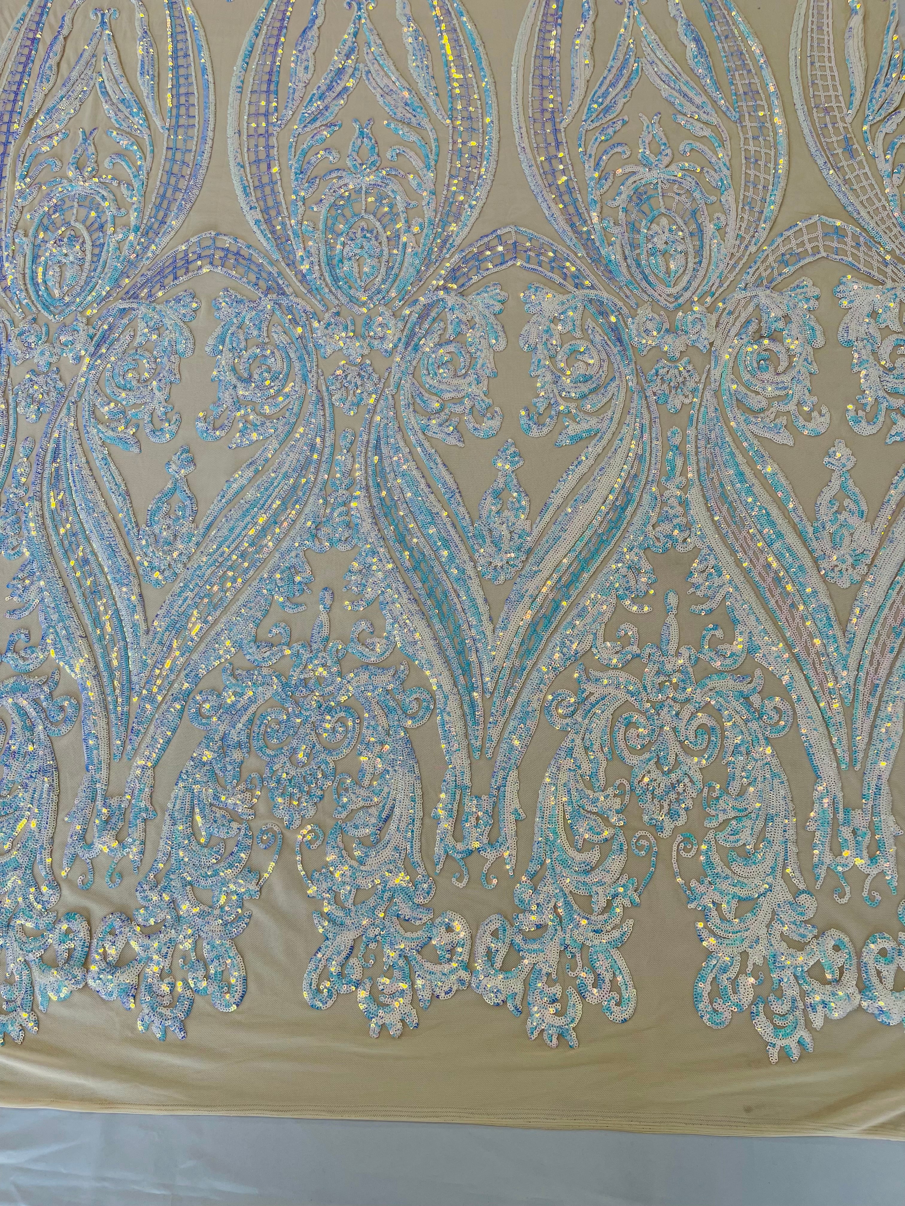 BIG DAMASK SEQUIN ON STRETCH MESH FABRIC (By The Yard)