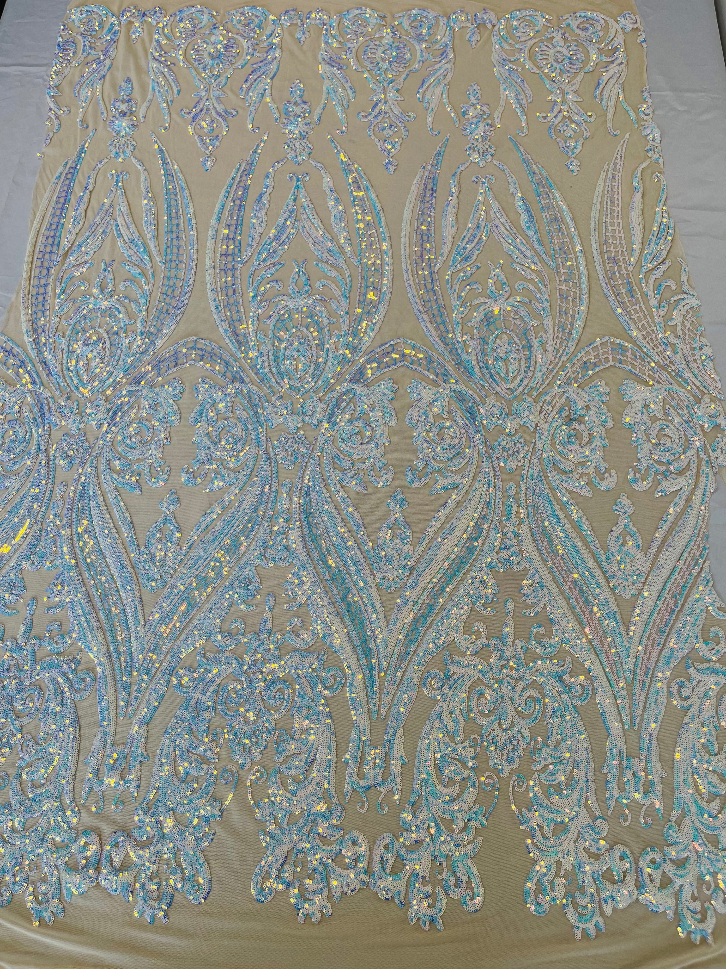 BIG DAMASK SEQUIN ON STRETCH MESH FABRIC (By The Yard)