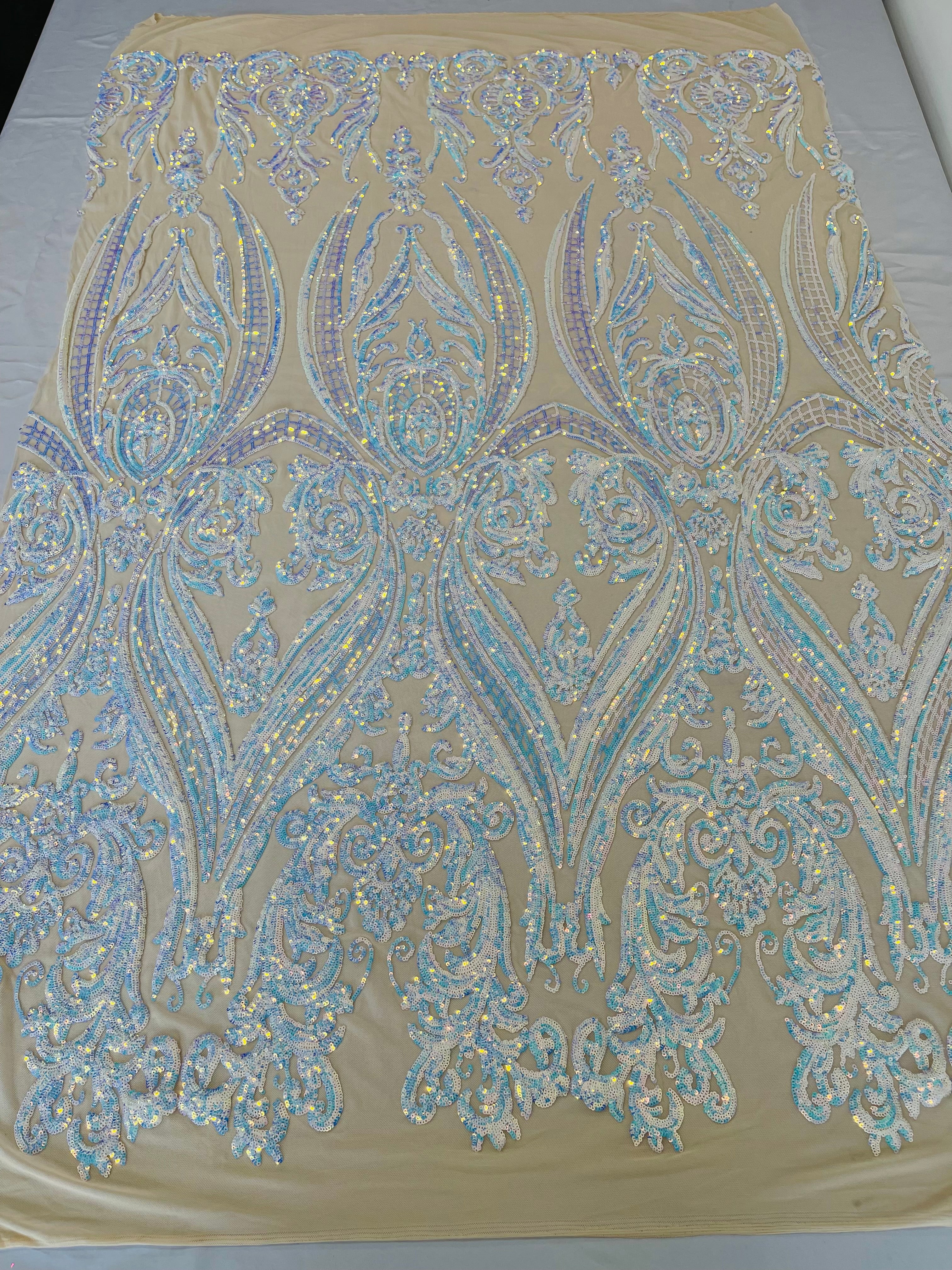 BIG DAMASK SEQUIN ON STRETCH MESH FABRIC (By The Yard)