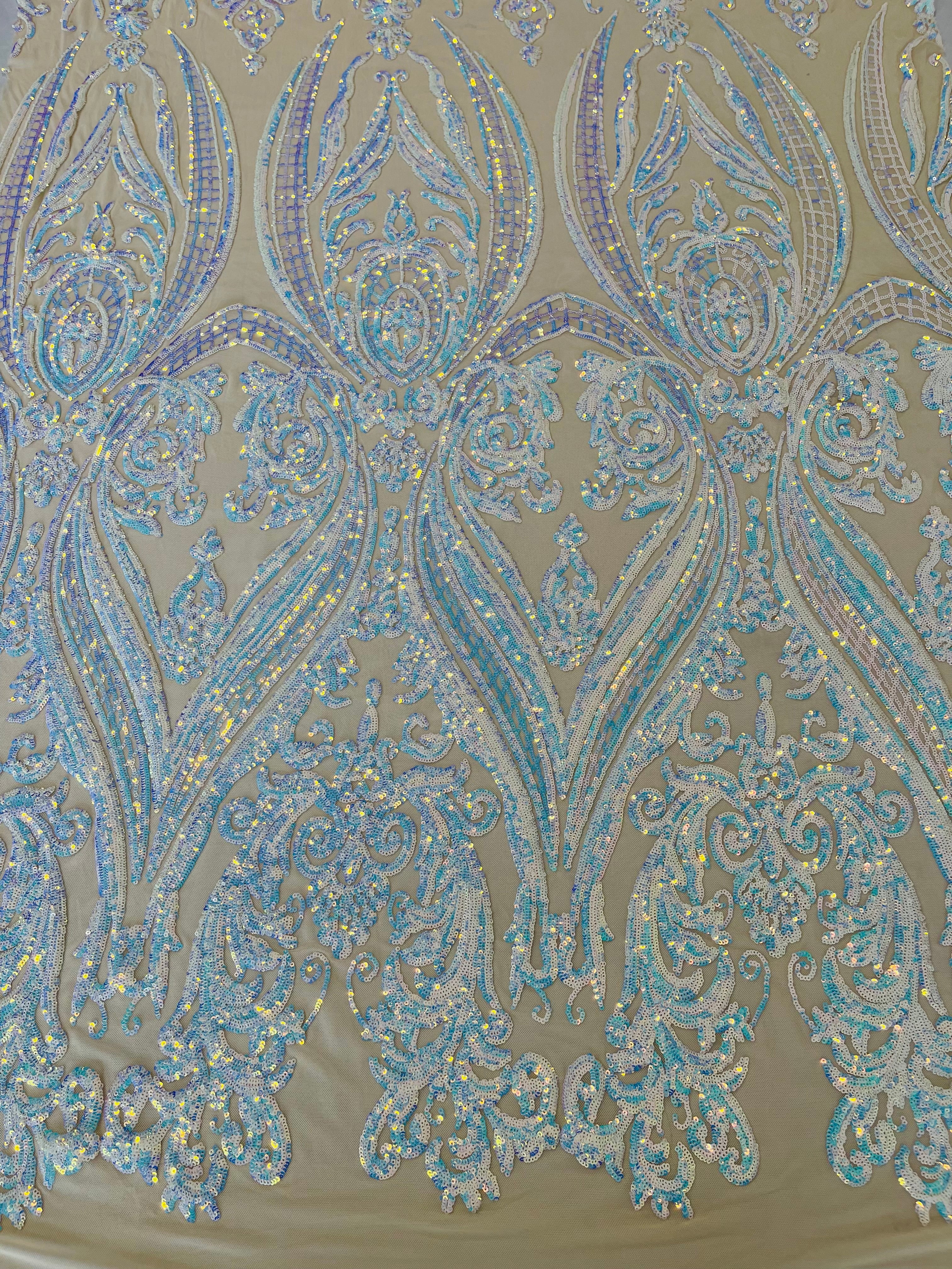 BIG DAMASK SEQUIN ON STRETCH MESH FABRIC (By The Yard)