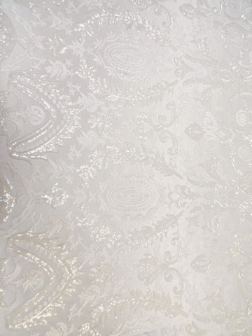 Luxury Damask Sequins Mesh Fabric - White