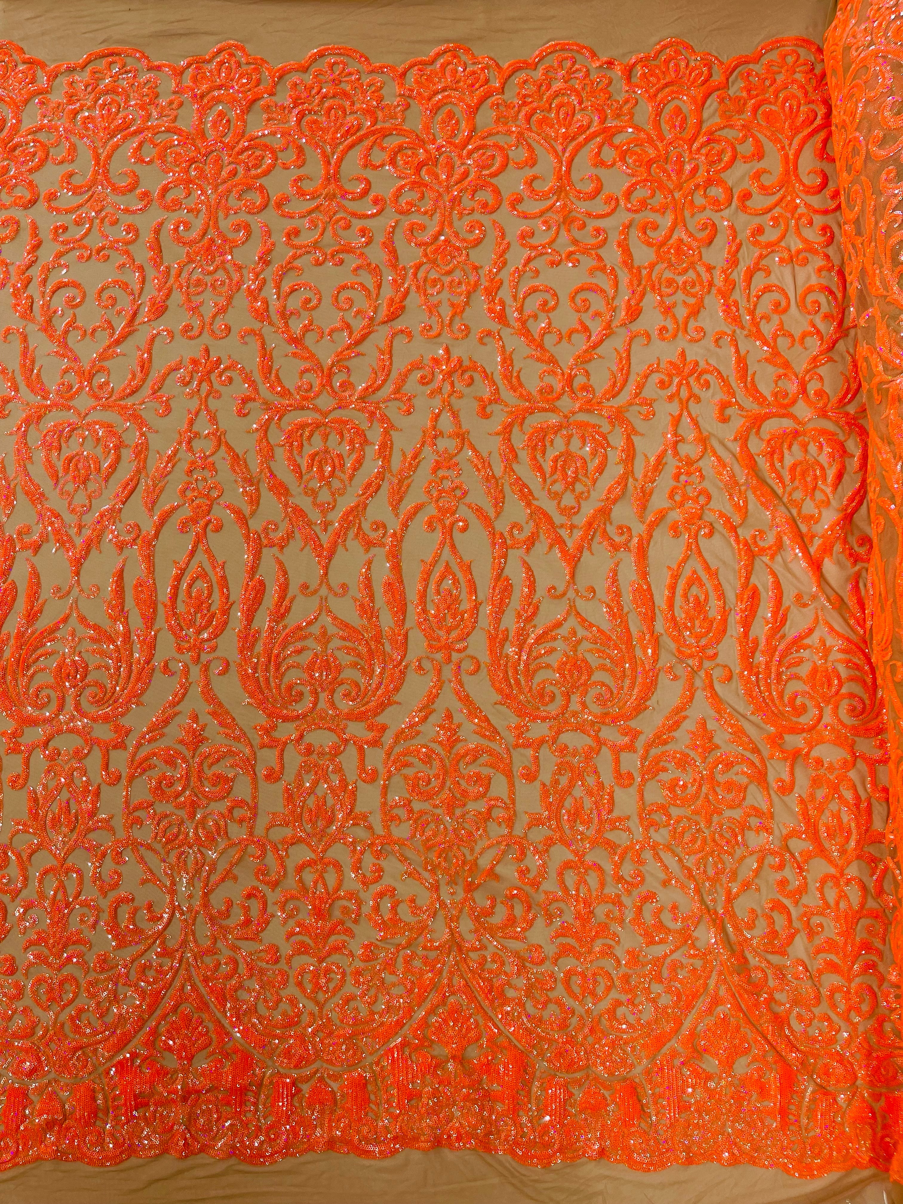 King Damask Sequin on Stretch Mesh Fabric / Sold by the Yard