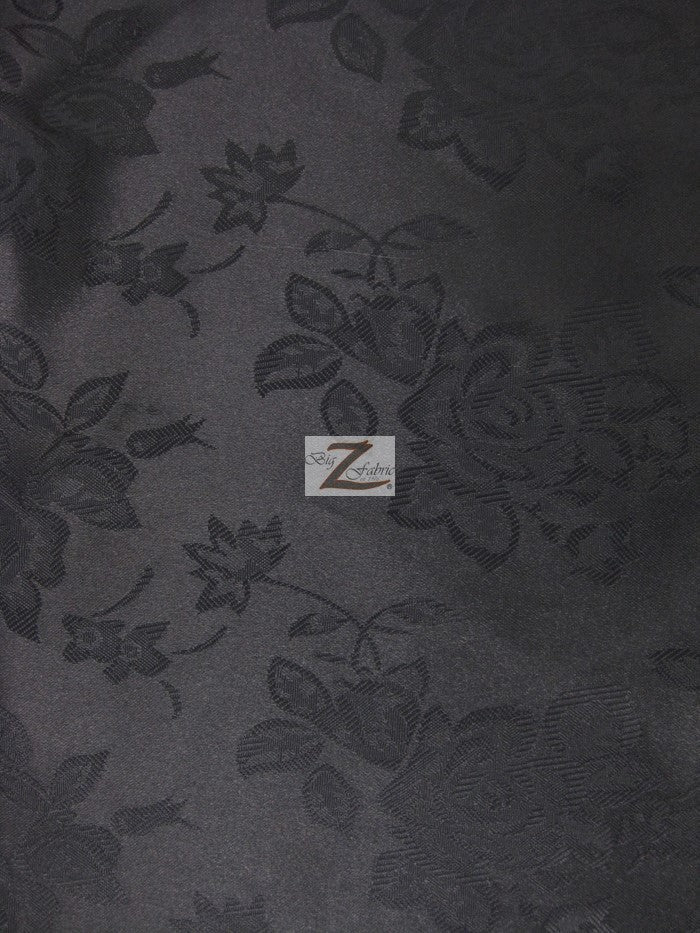 Floral Rose Jacquard Satin Fabric / Black / Sold By The Yard (Second Quality Goods)