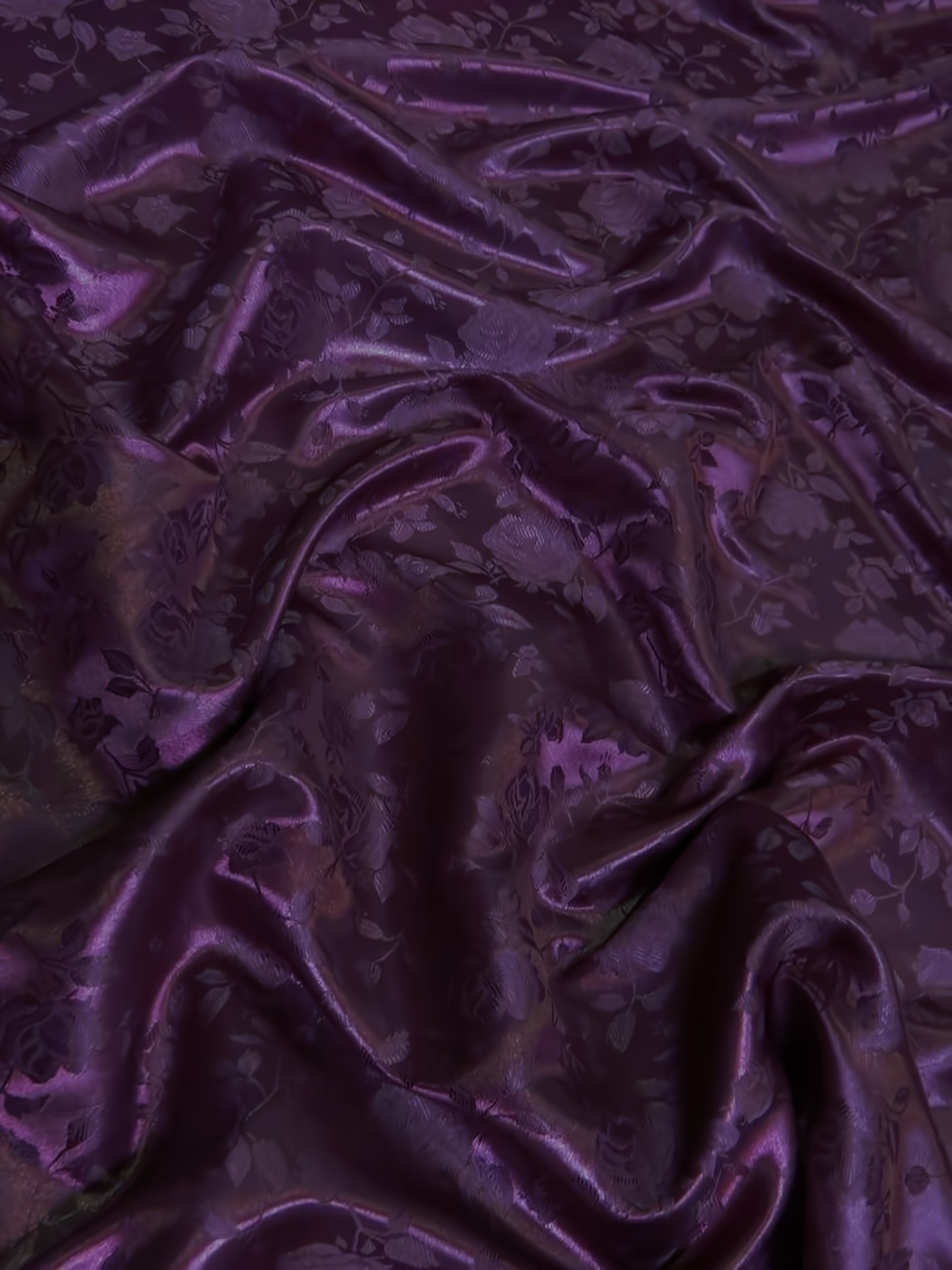 Floral Rose Jacquard Satin Fabric / Plum / Sold By The Yard