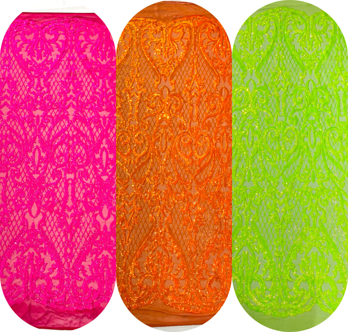 Heart Damask Iridescent Sequin Stretch Mesh Fabric / Sold by the Yard