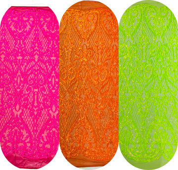 Heart Damask Iridescent Sequin Stretch Mesh Fabric / Sold by the Yard