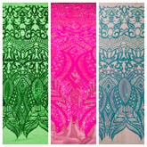Royalty Damask Iridescent Sequin Stretch Mesh Fabric / Sold by the Yard