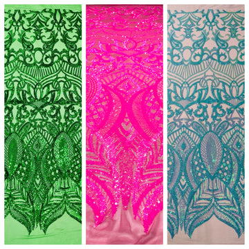 Royalty Damask Iridescent Sequin Stretch Mesh Fabric / Sold by the Yard