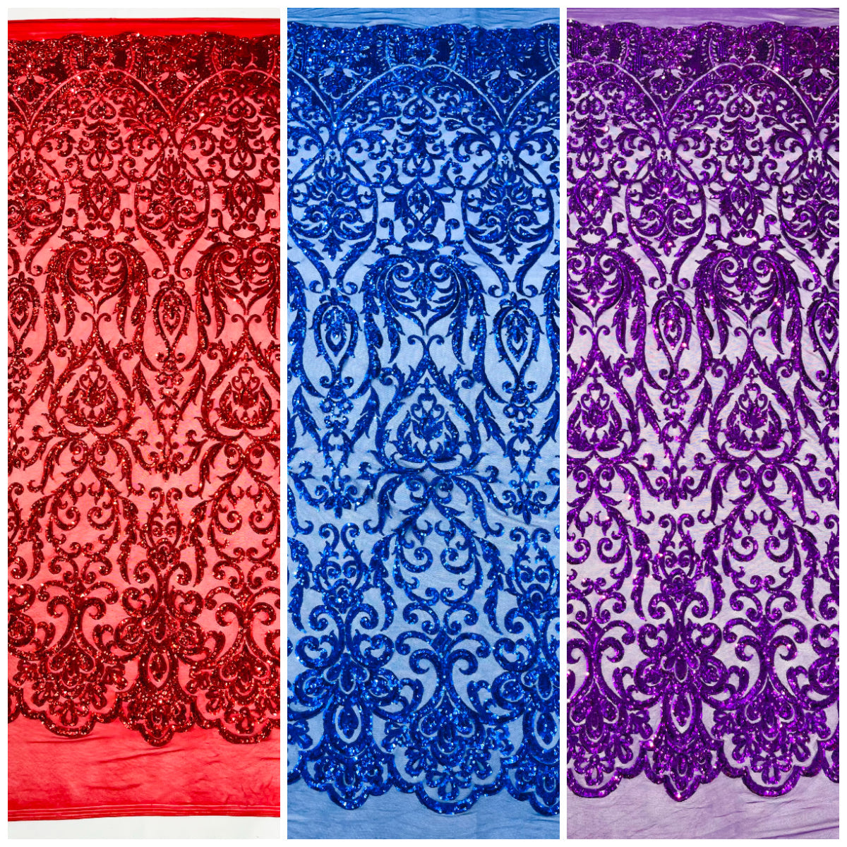 King Damask Sequin on Stretch Mesh Fabric / Sold by the Yard