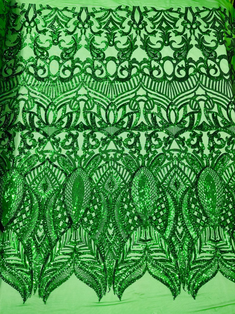 Royalty Damask Iridescent Sequin Stretch Mesh Fabric / Sold by the Yard