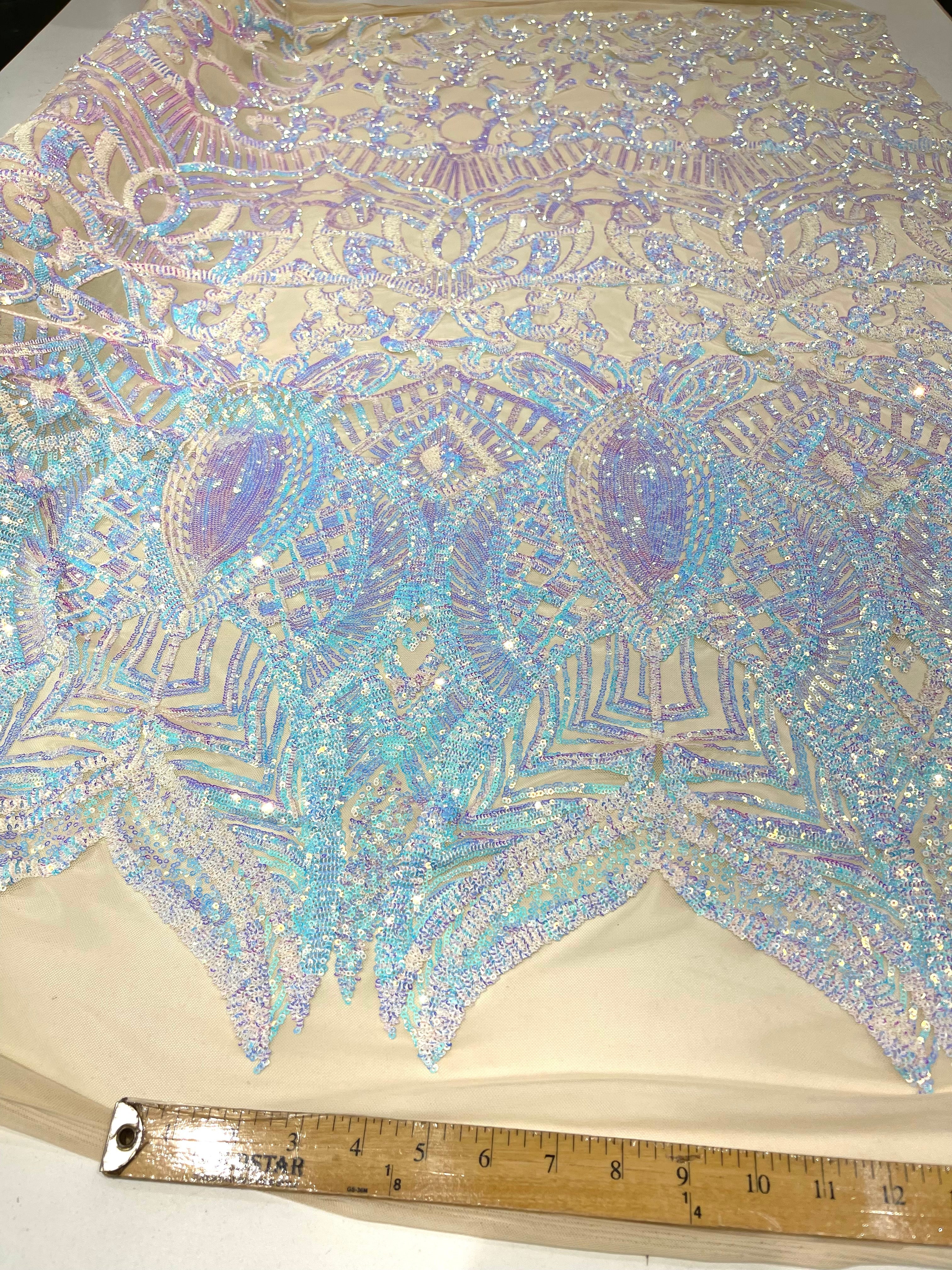 Royalty Damask Iridescent Sequin Stretch Mesh Fabric / Sold by the Yard