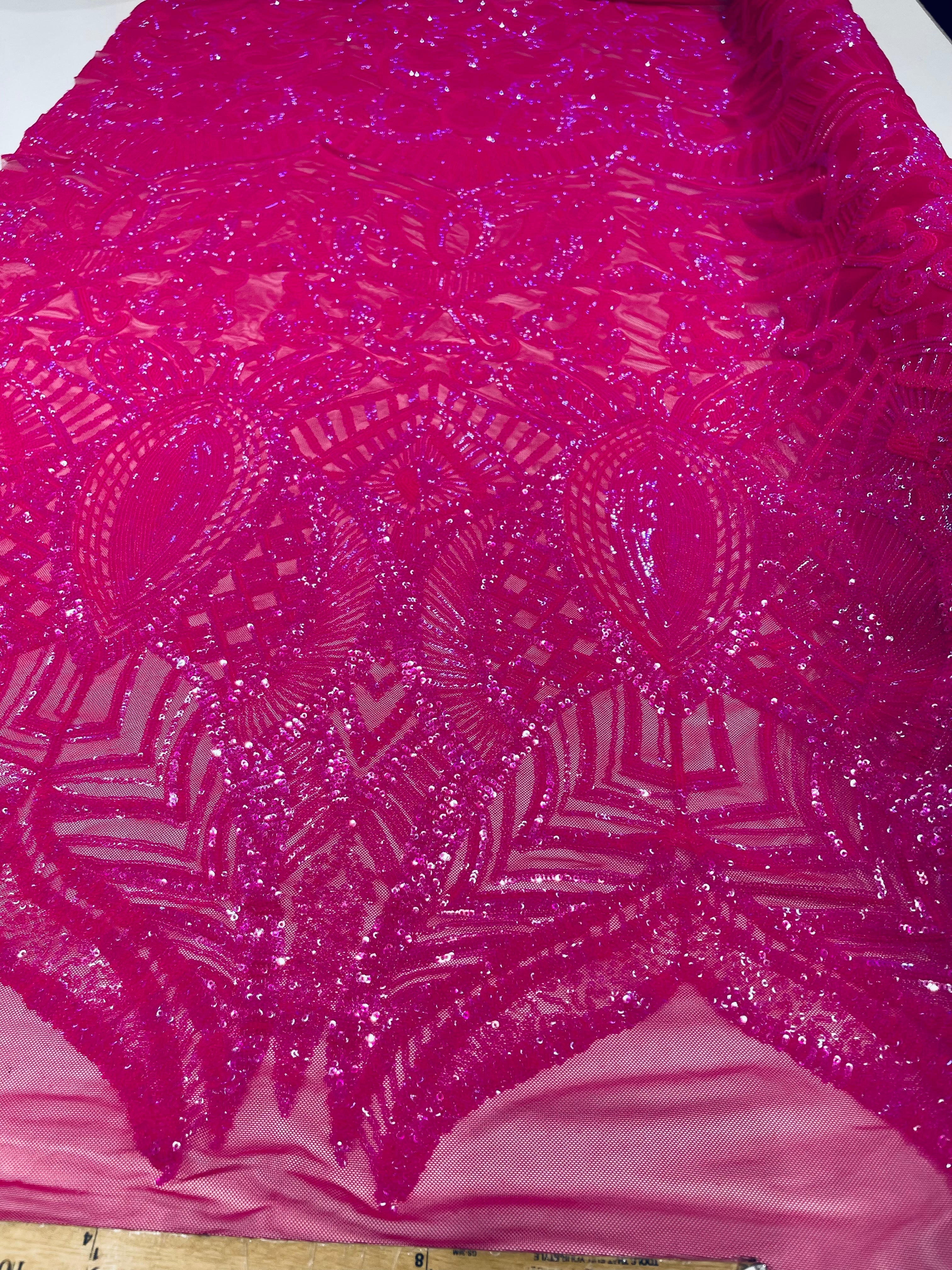 Royalty Damask Iridescent Sequin Stretch Mesh Fabric / Sold by the Yard