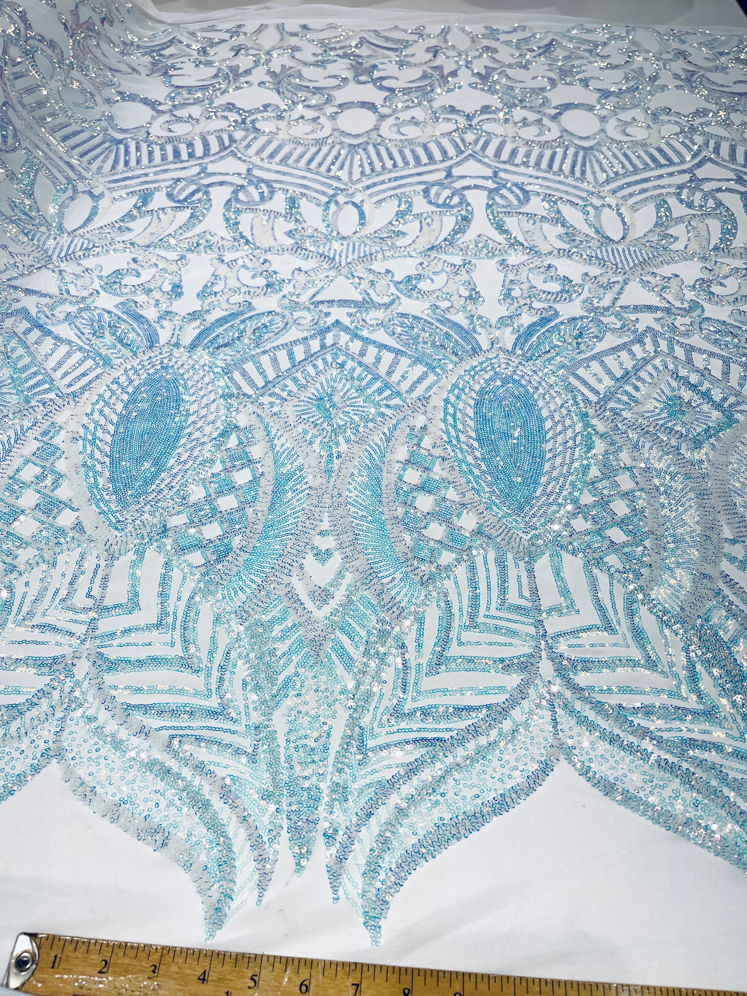 Royalty Damask Iridescent Sequin Stretch Mesh Fabric / Sold by the Yard