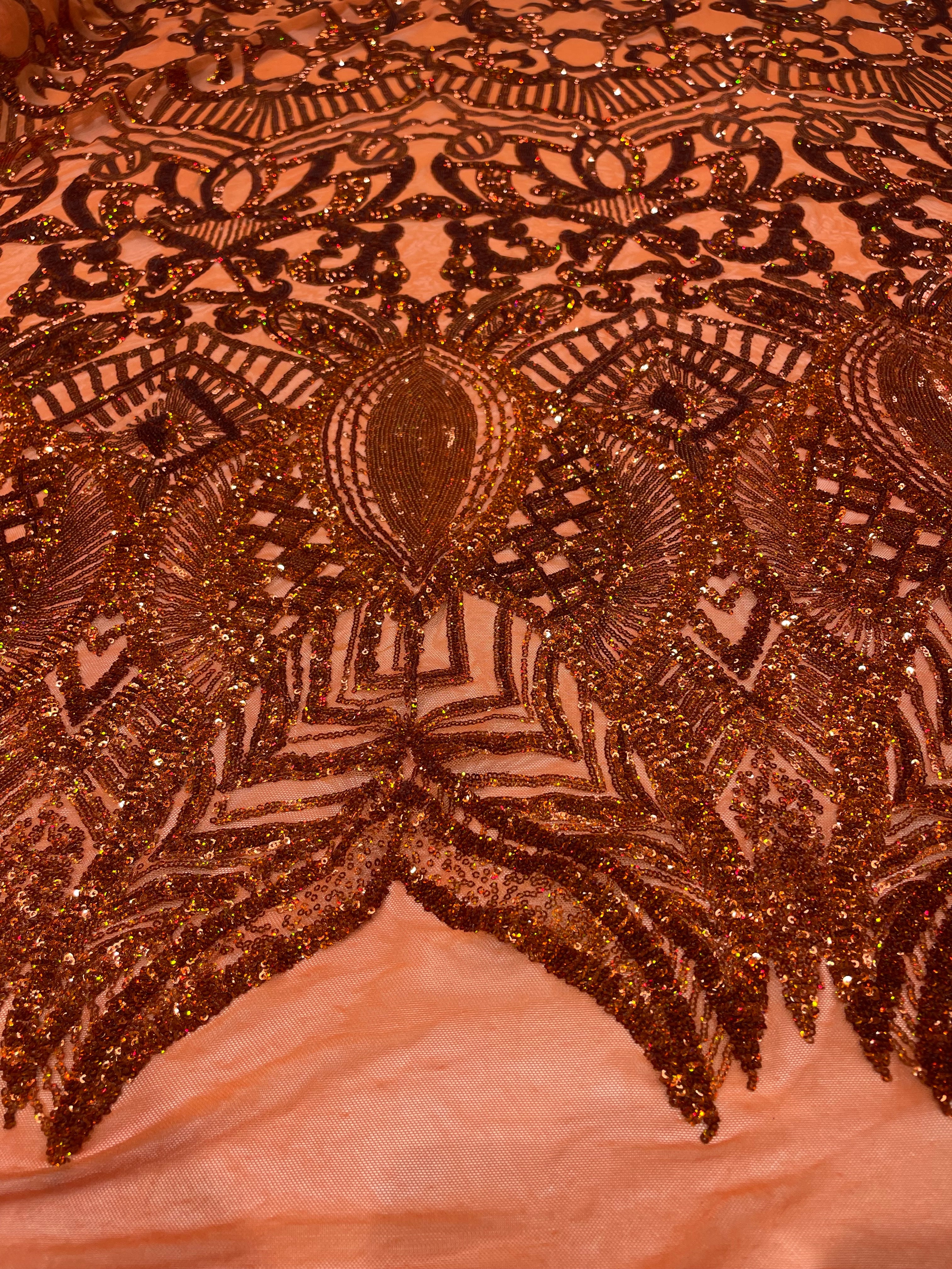 Royalty Damask Iridescent Sequin Stretch Mesh Fabric / Sold by the Yard