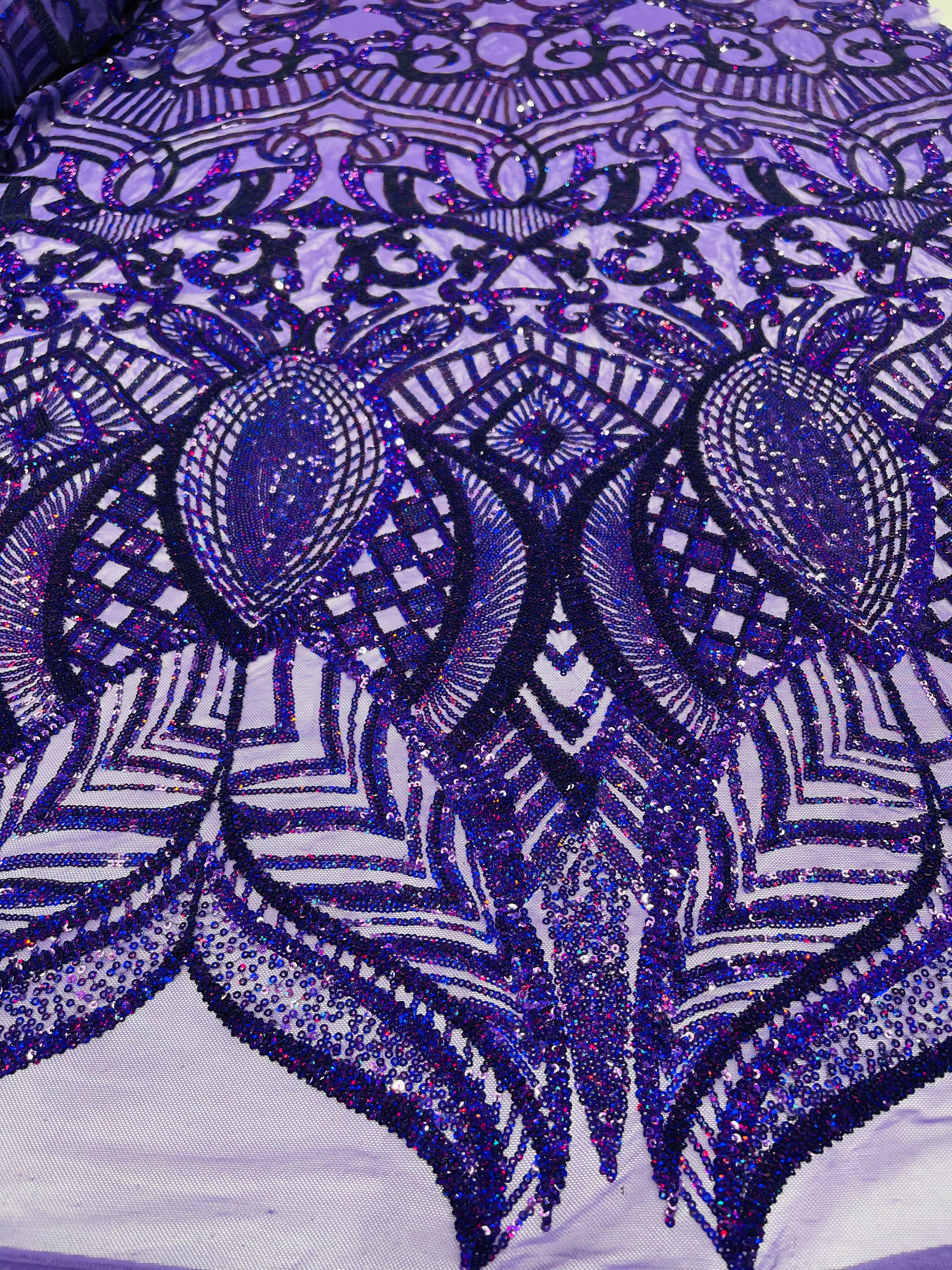 Royalty Damask Iridescent Sequin Stretch Mesh Fabric / Sold by the Yard