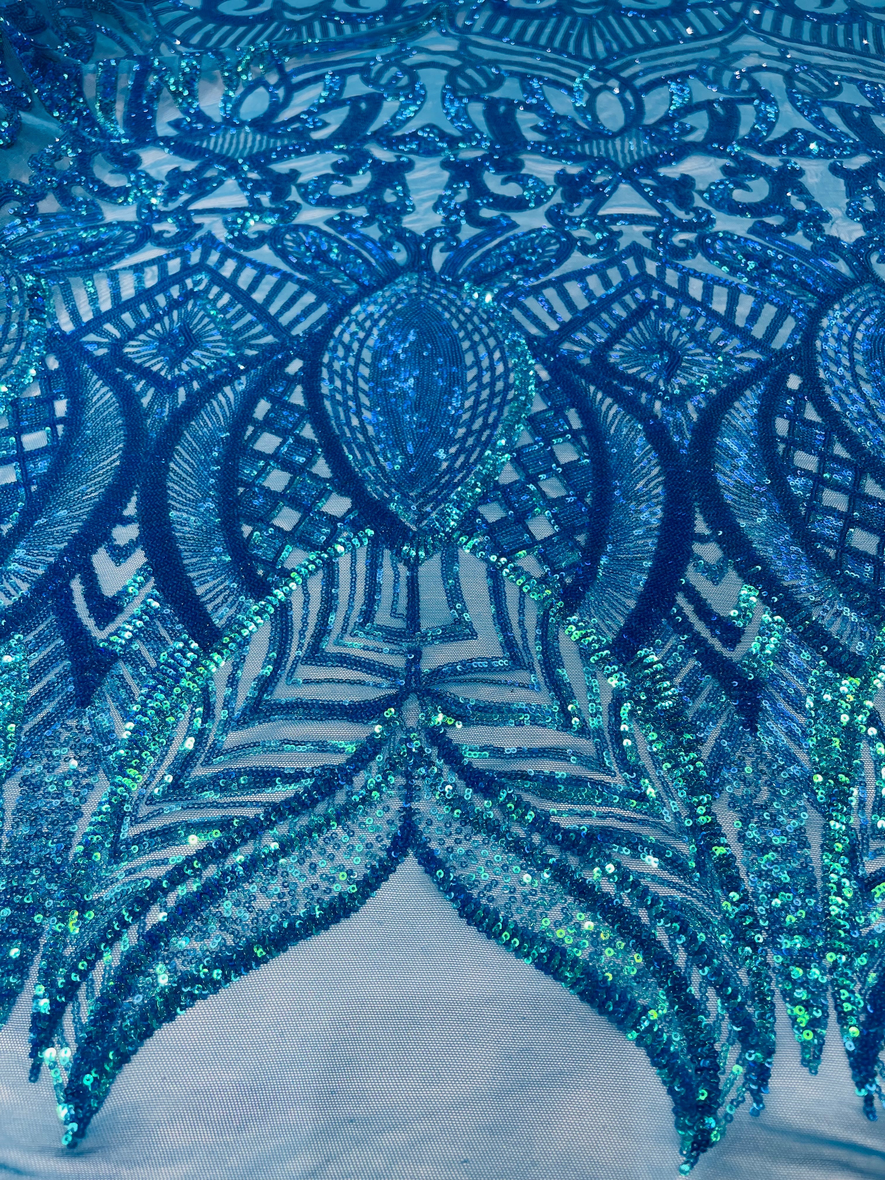 Royalty Damask Iridescent Sequin Stretch Mesh Fabric / Sold by the Yard