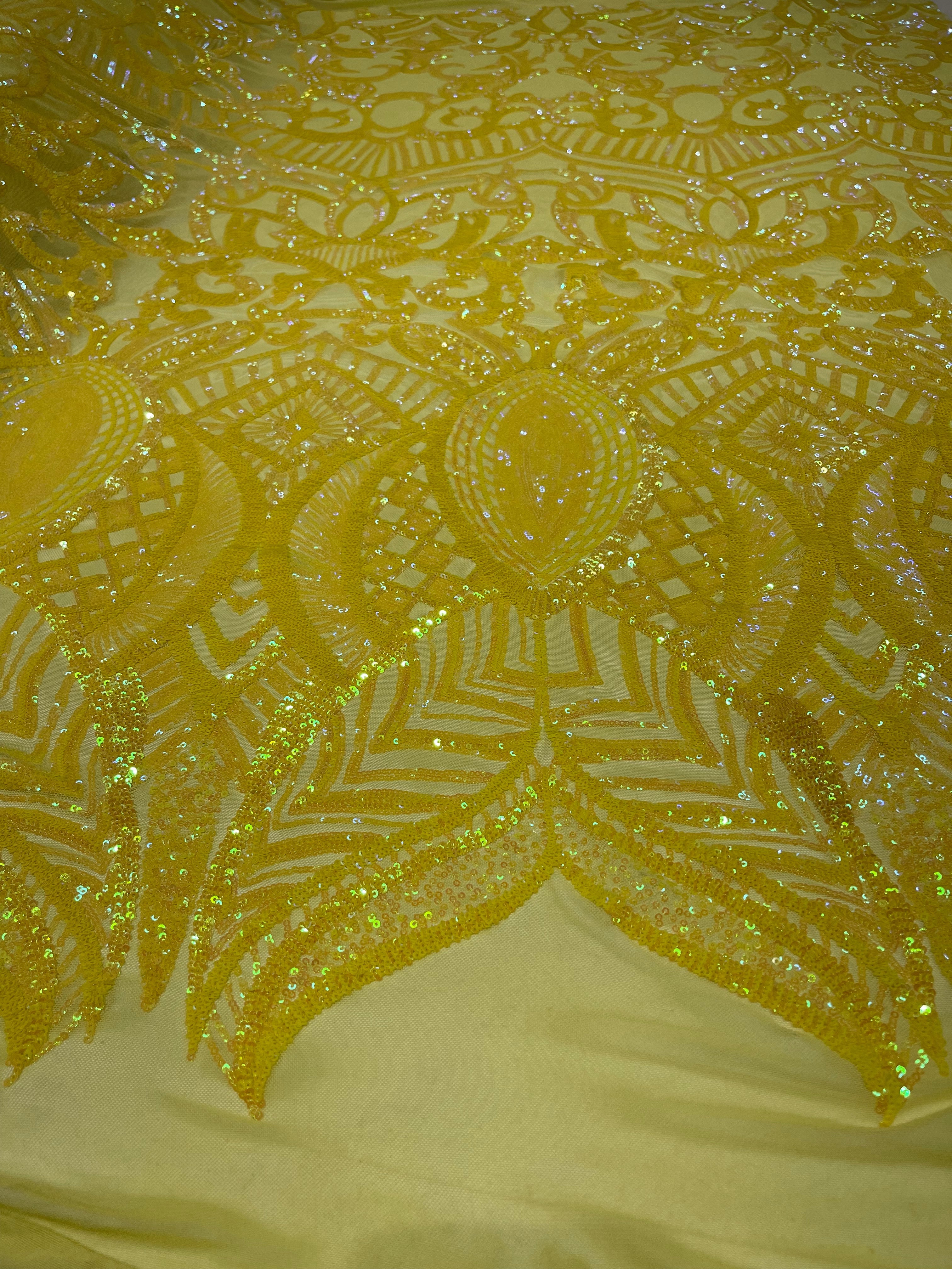 Royalty Damask Iridescent Sequin Stretch Mesh Fabric / Sold by the Yard