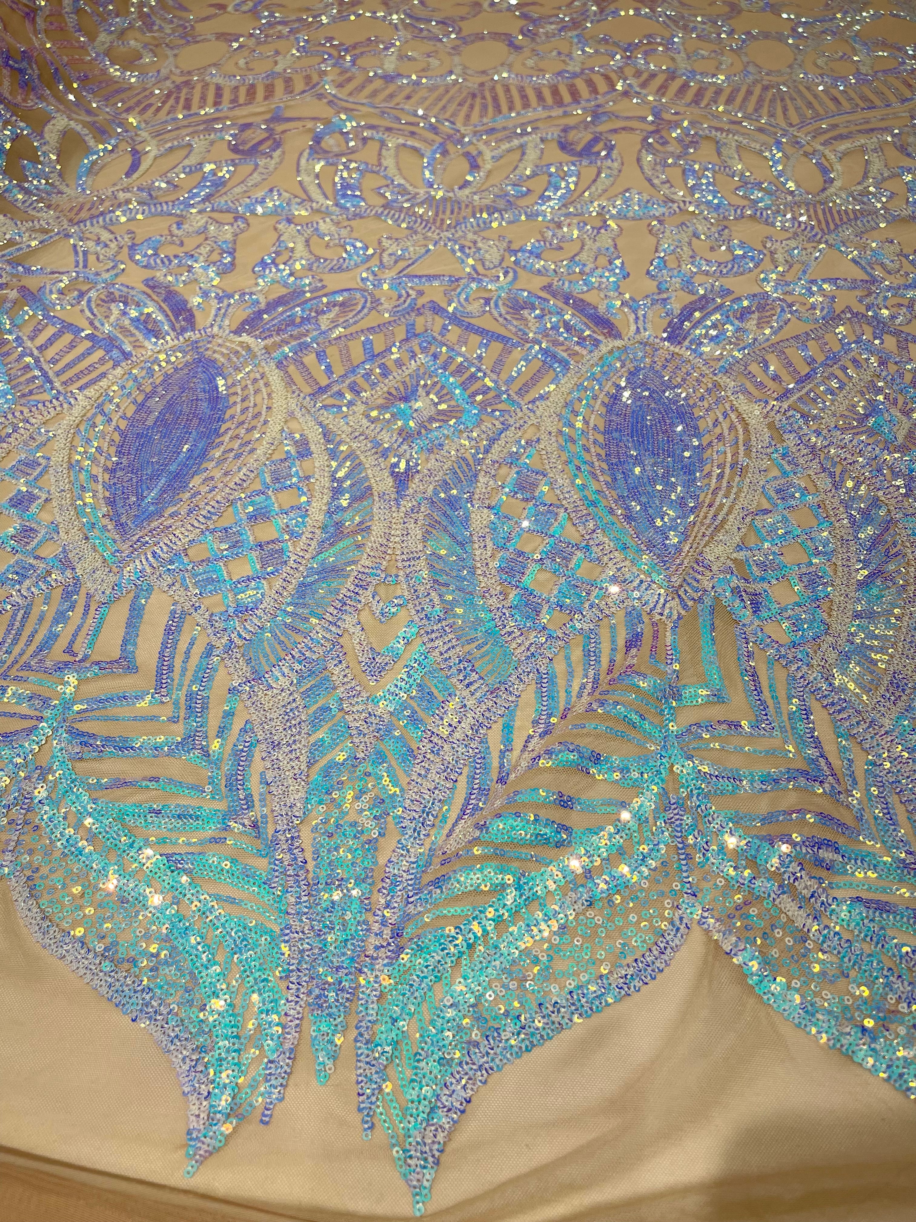 Royalty Damask Iridescent Sequin Stretch Mesh Fabric / Sold by the Yard