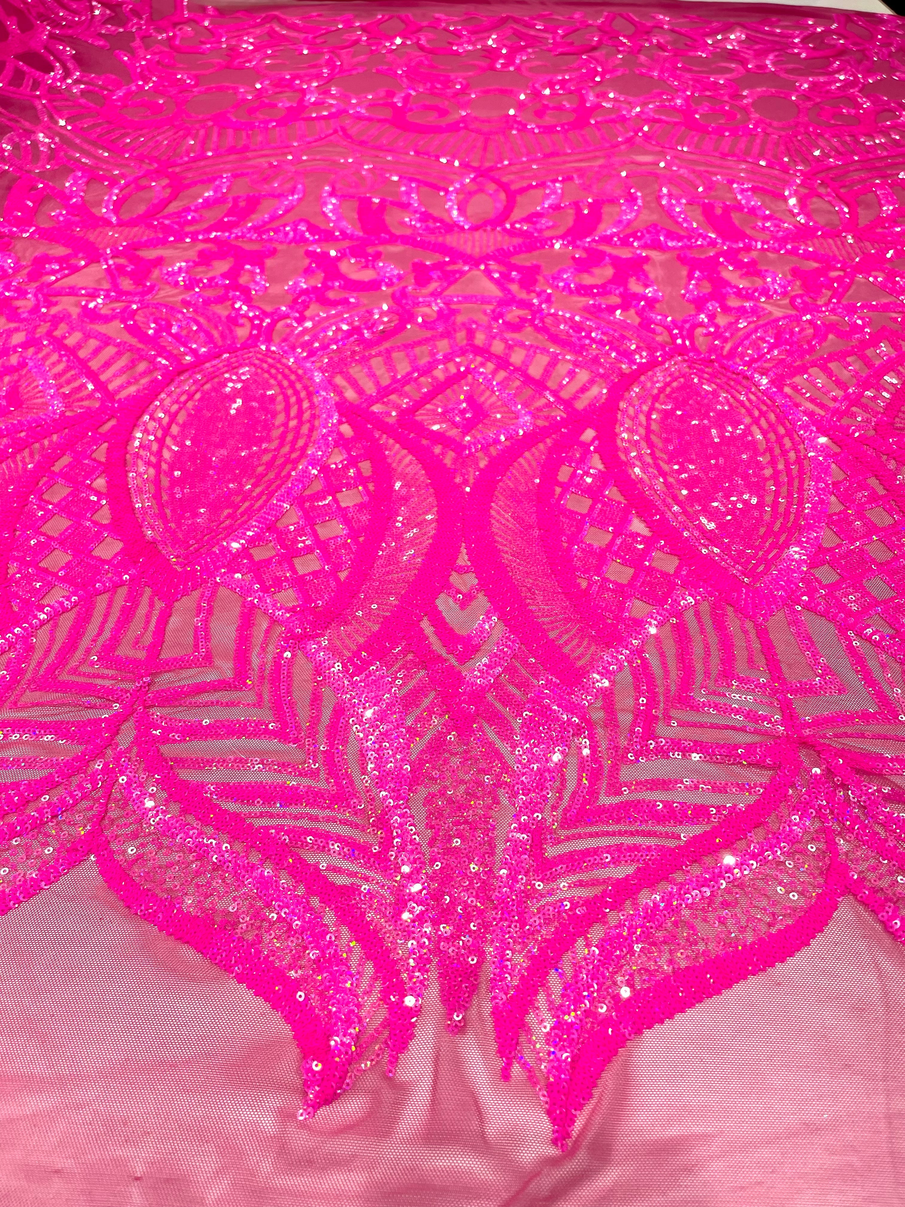 Royalty Damask Iridescent Sequin Stretch Mesh Fabric / Sold by the Yard