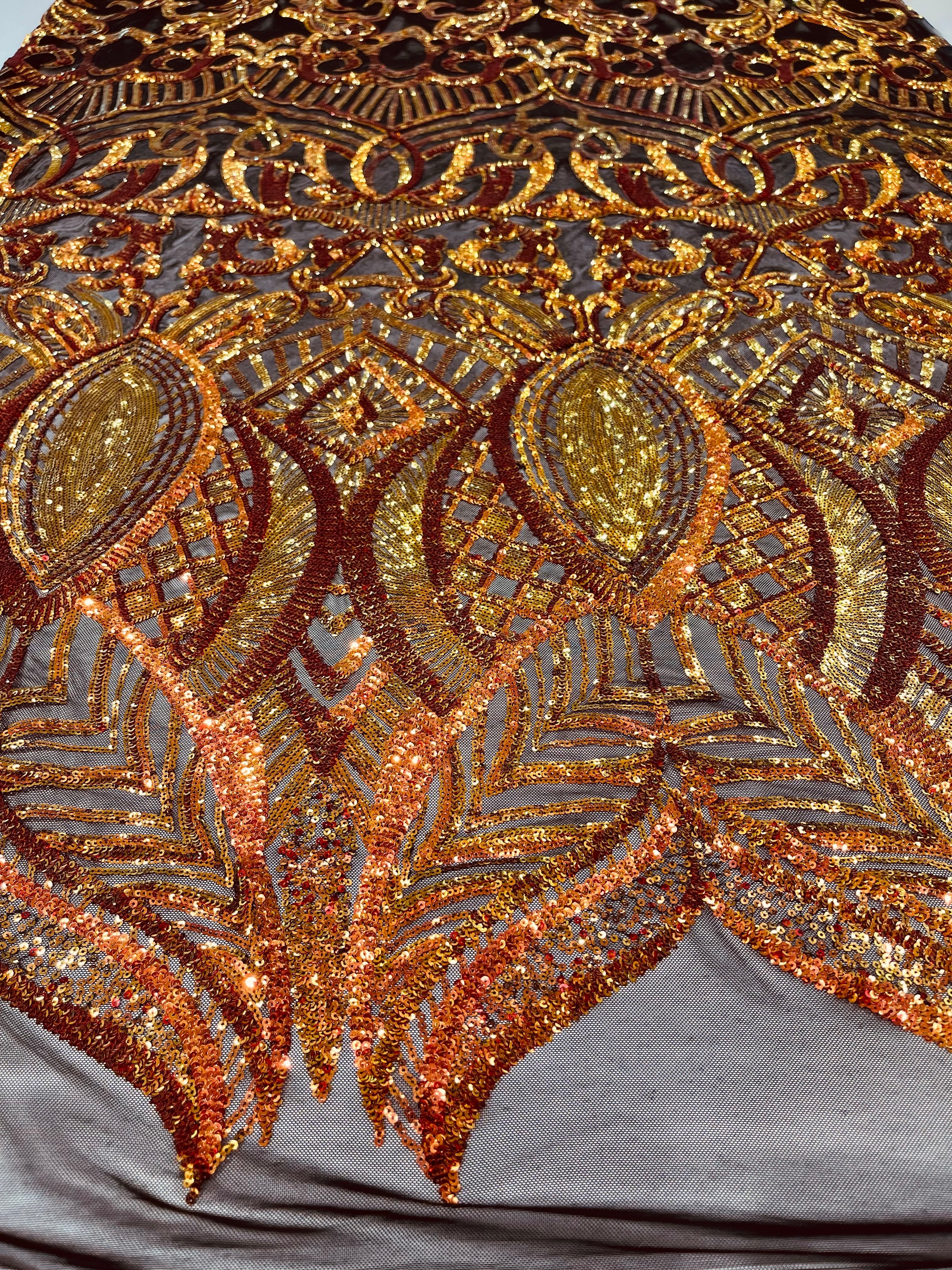 Royalty Damask Iridescent Sequin Stretch Mesh Fabric / Sold by the Yard