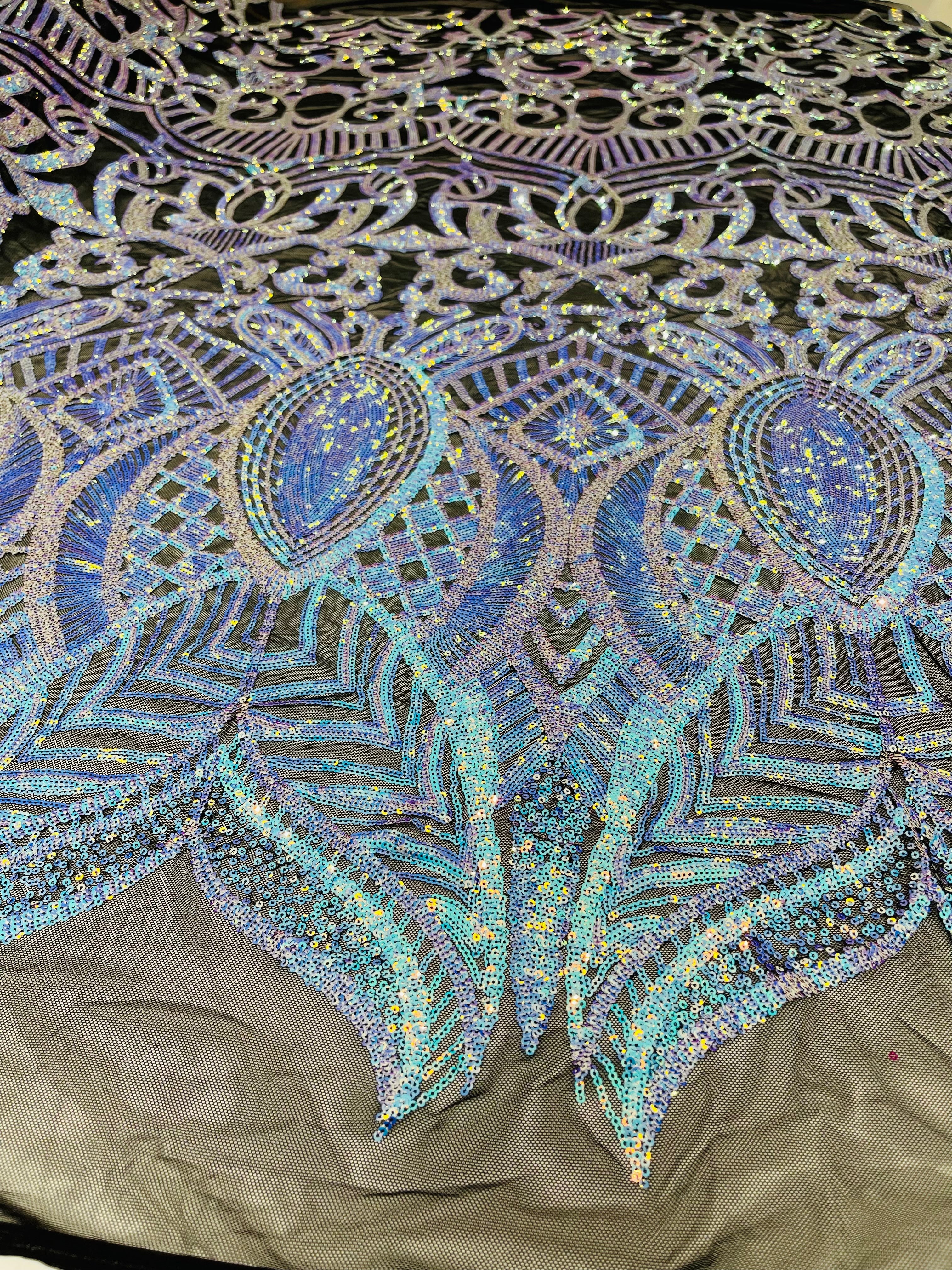Royalty Damask Iridescent Sequin Stretch Mesh Fabric / Sold by the Yard