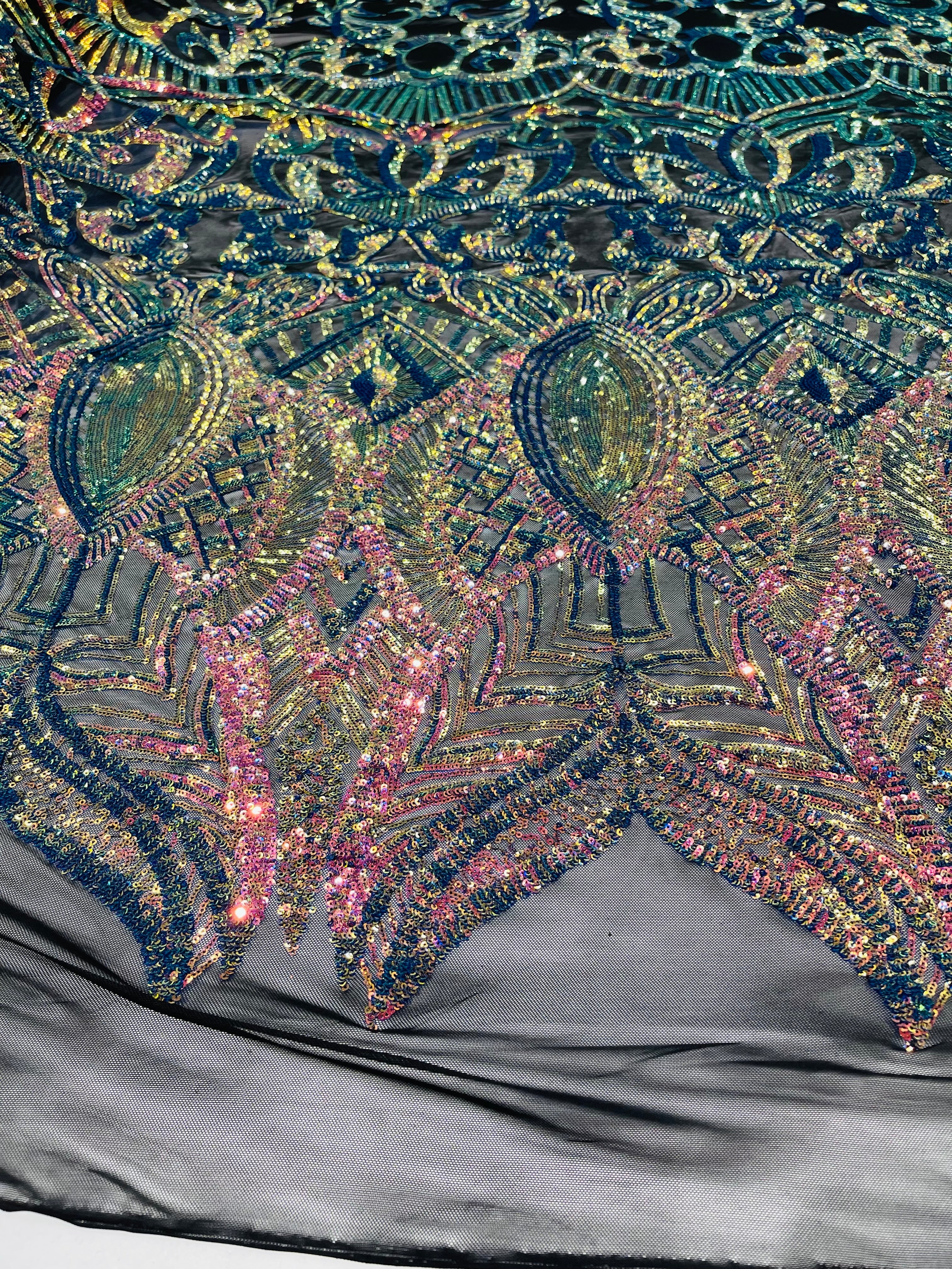 Royalty Damask Iridescent Sequin Stretch Mesh Fabric / Sold by the Yard