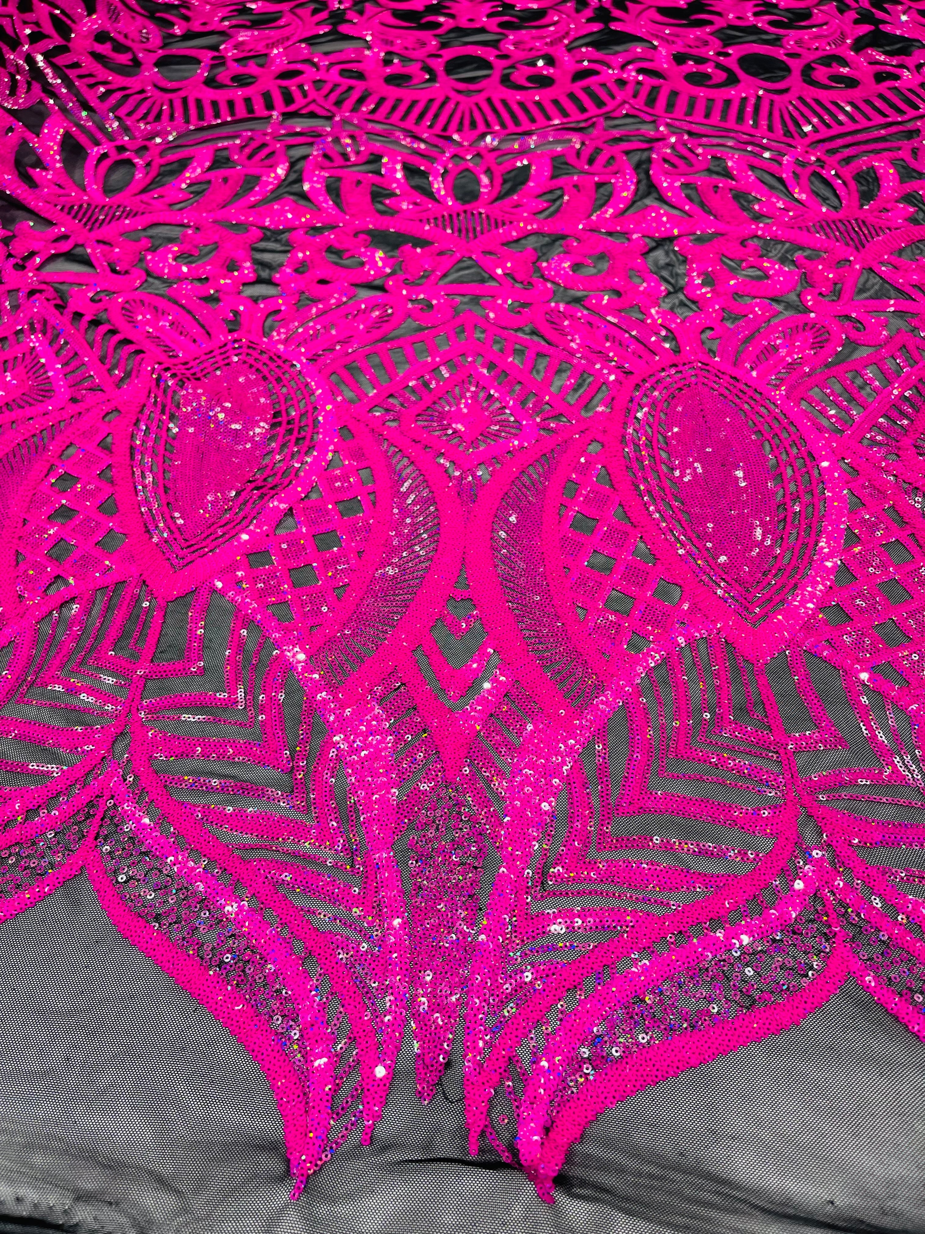 Royalty Damask Iridescent Sequin Stretch Mesh Fabric / Sold by the Yard