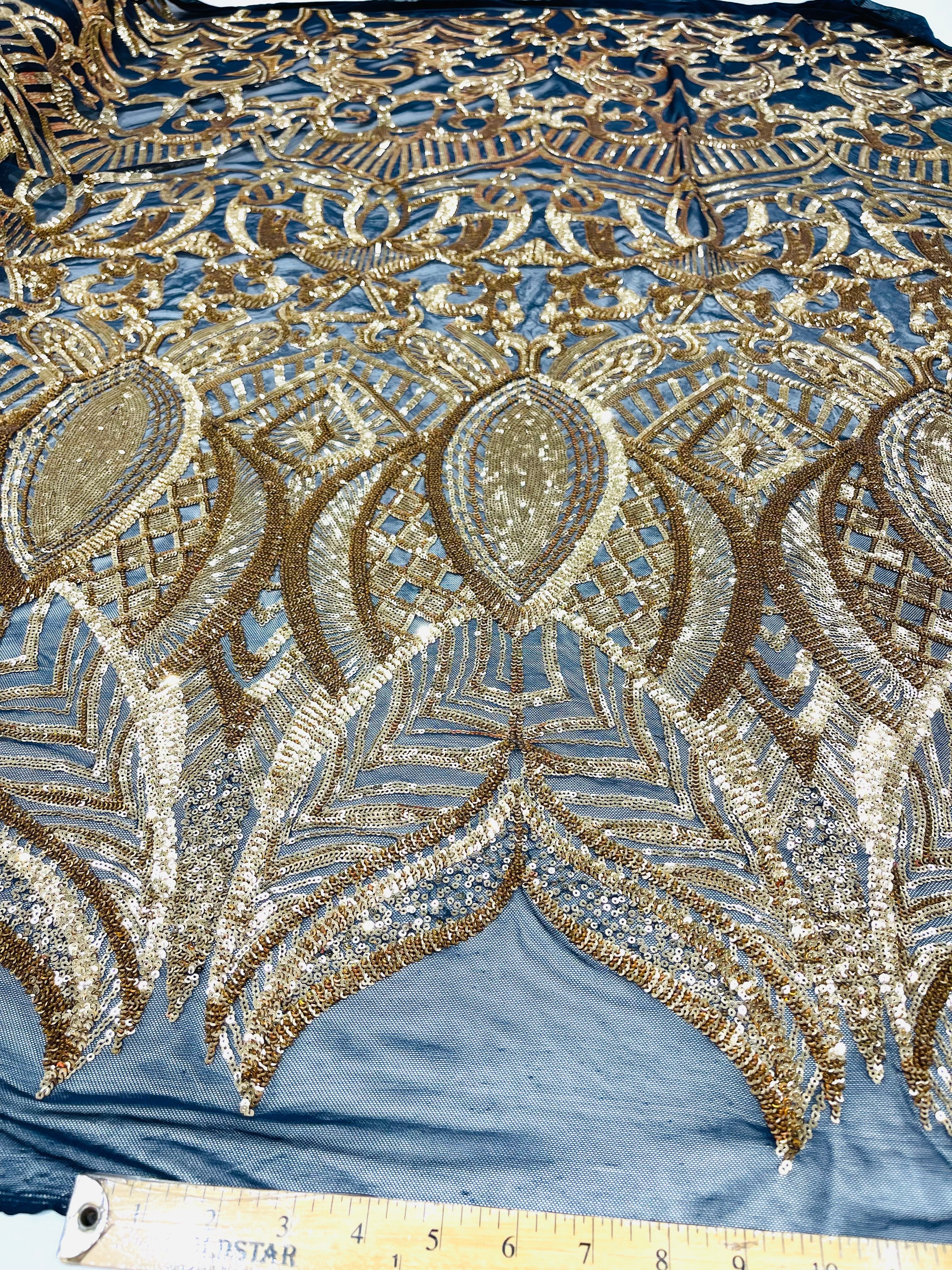 Royalty Damask Iridescent Sequin Stretch Mesh Fabric / Sold by the Yard