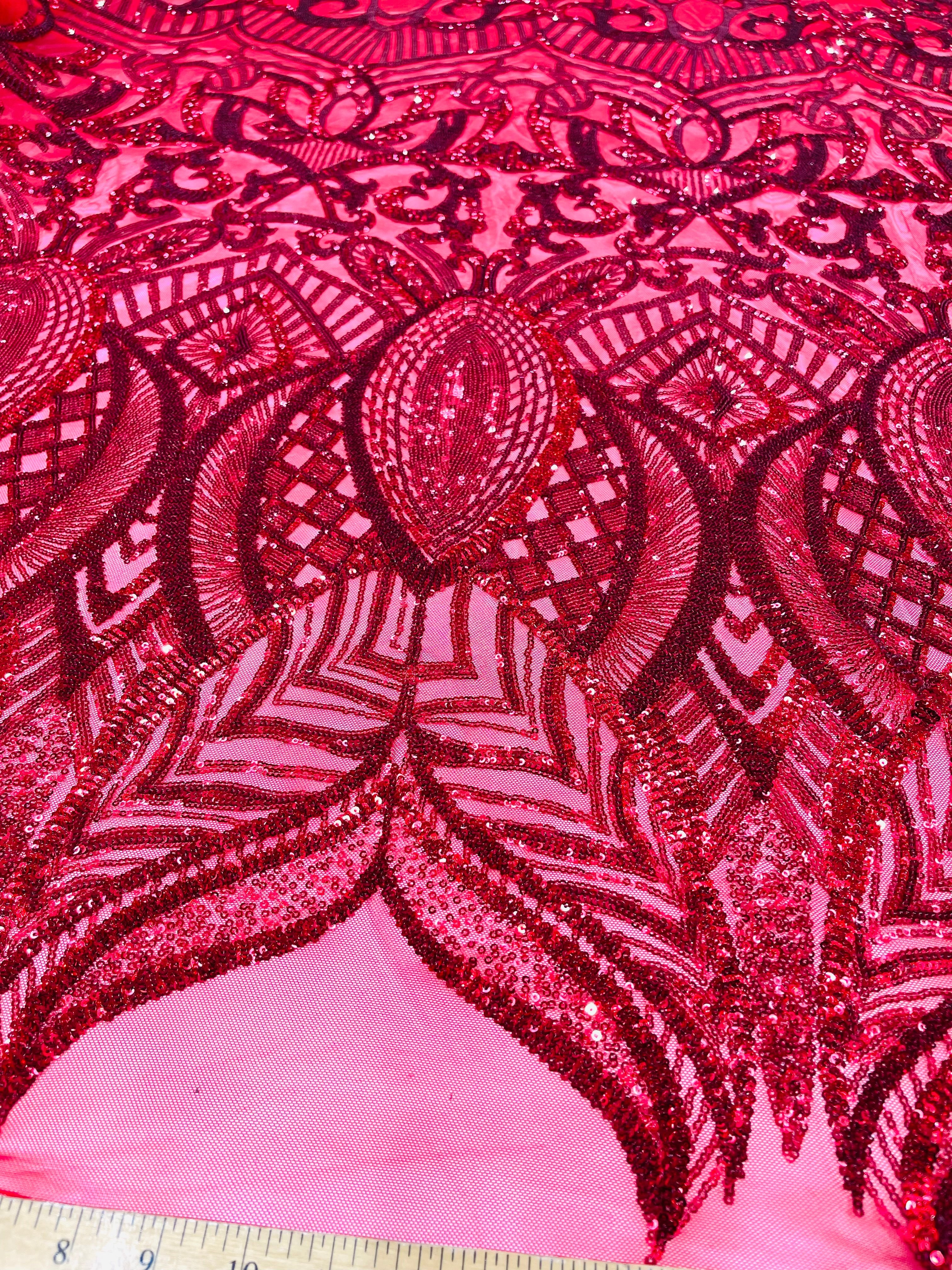 Royalty Damask Iridescent Sequin Stretch Mesh Fabric / Sold by the Yard