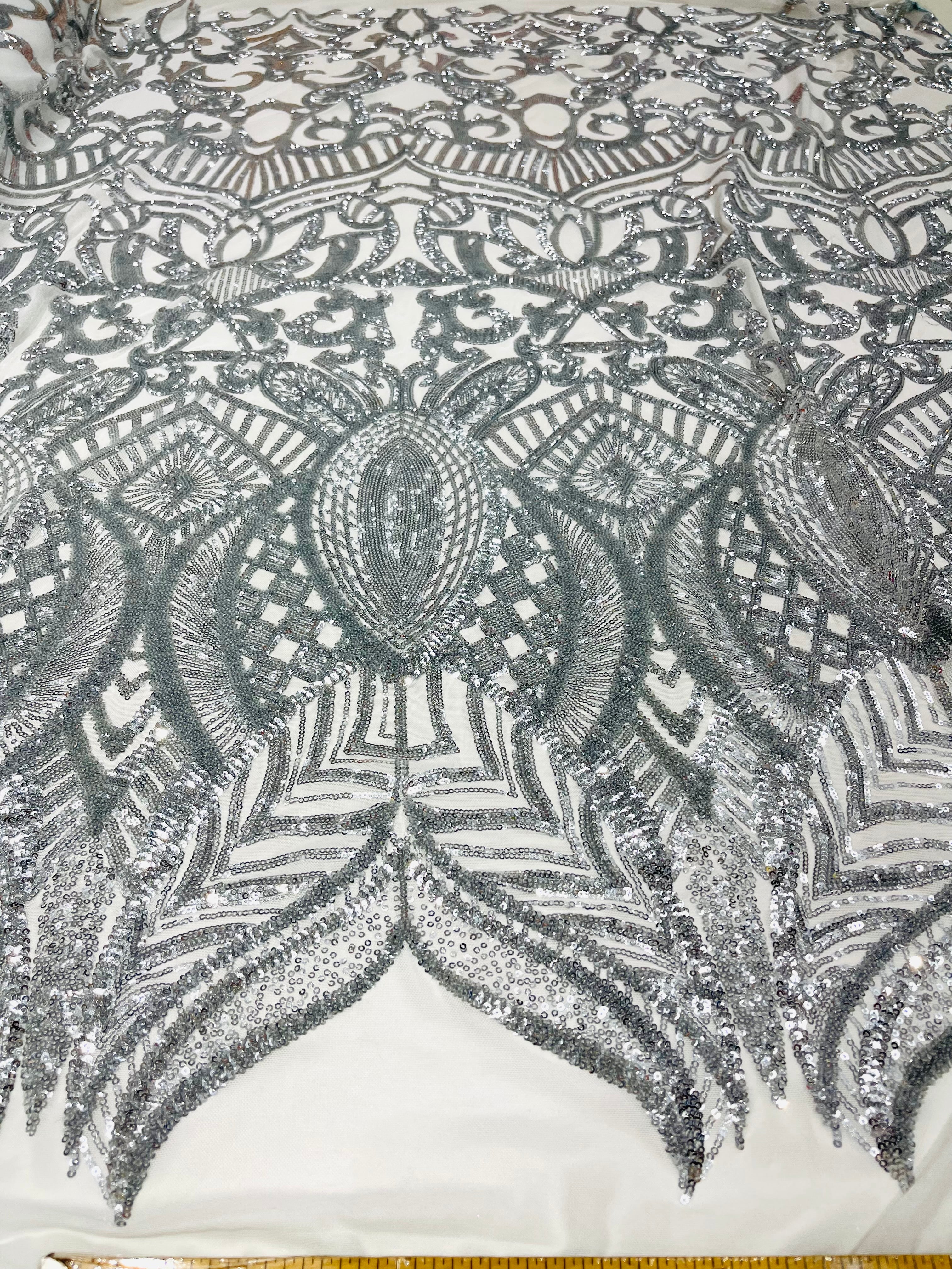 Royalty Damask Iridescent Sequin Stretch Mesh Fabric / Sold by the Yard