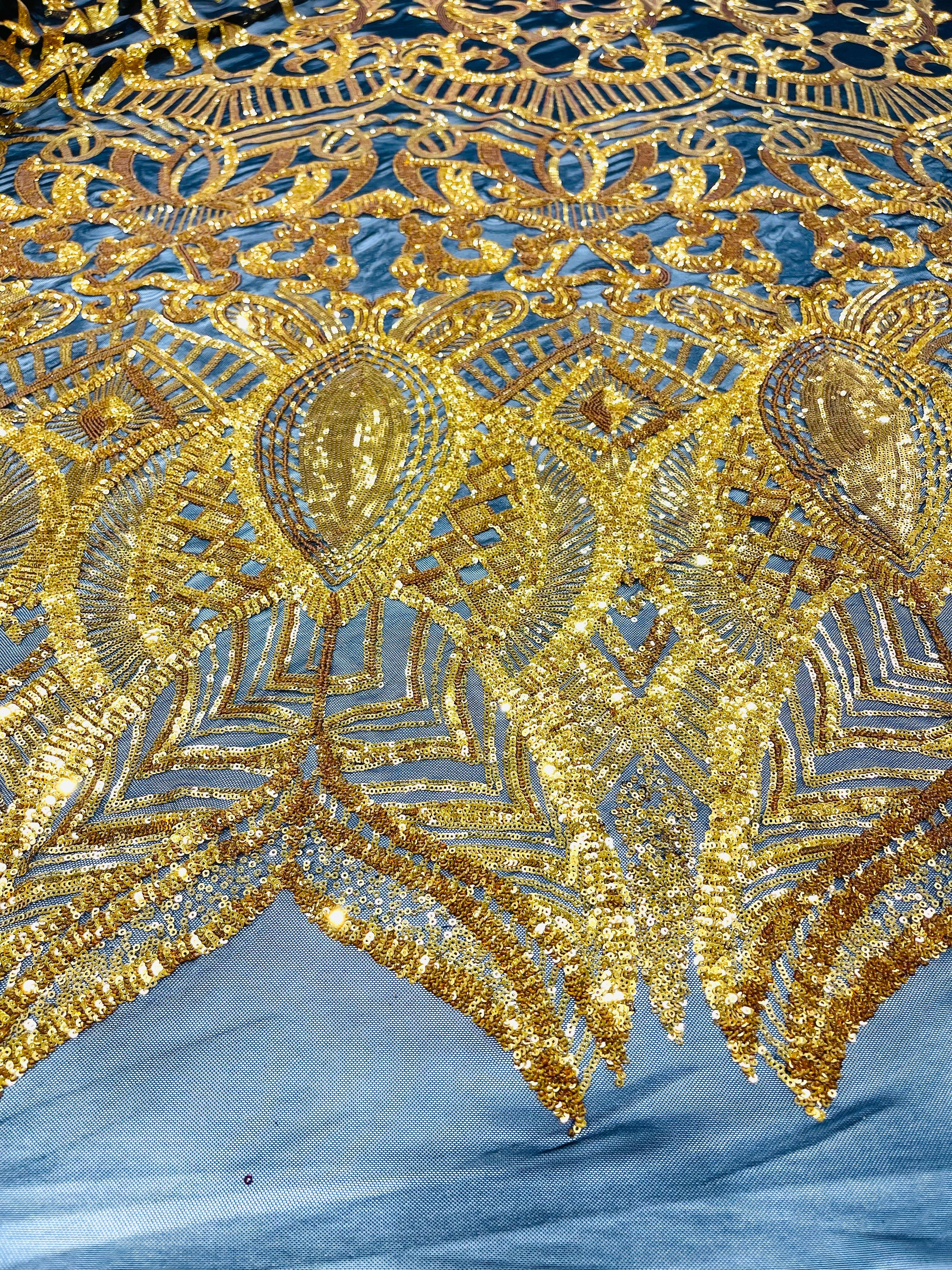 Royalty Damask Iridescent Sequin Stretch Mesh Fabric / Sold by the Yard