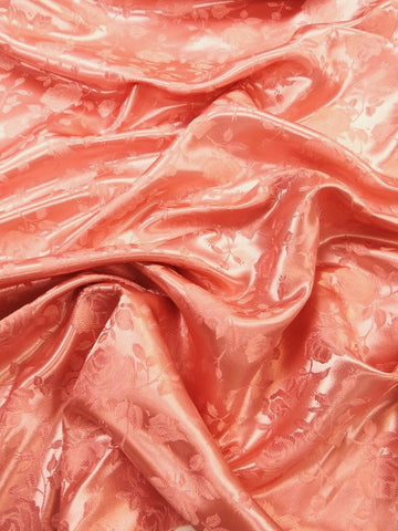 Floral Rose Jacquard Satin Fabric / Coral / Sold By The Yard