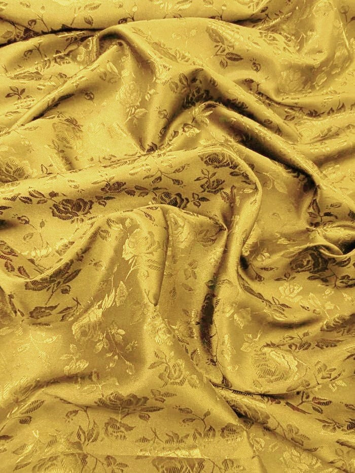 Floral Rose Jacquard Satin Fabric / Dark Gold / Sold By The Yard