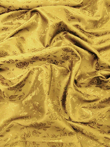 Floral Rose Jacquard Satin Fabric / Dark Gold / Sold By The Yard