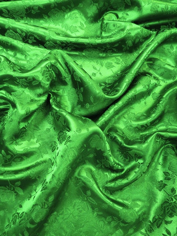 Floral Rose Jacquard Satin Fabric / Flag Green / Sold By The Yard