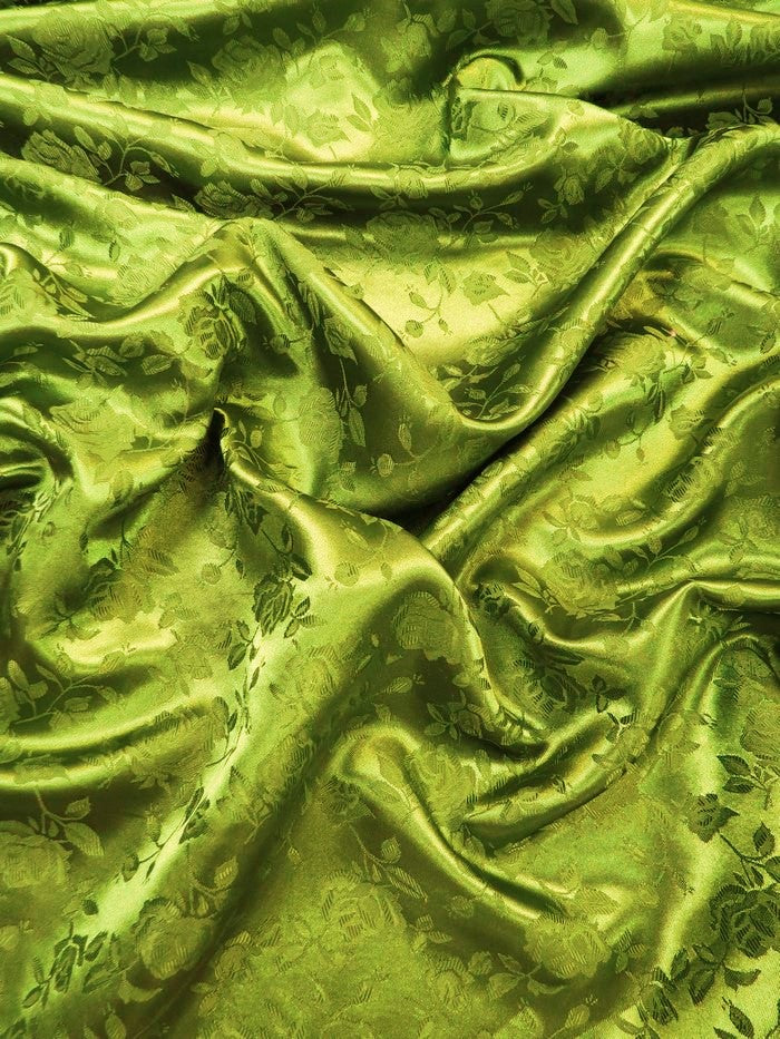Floral Rose Jacquard Satin Fabric / Kiwi / Sold By The Yard