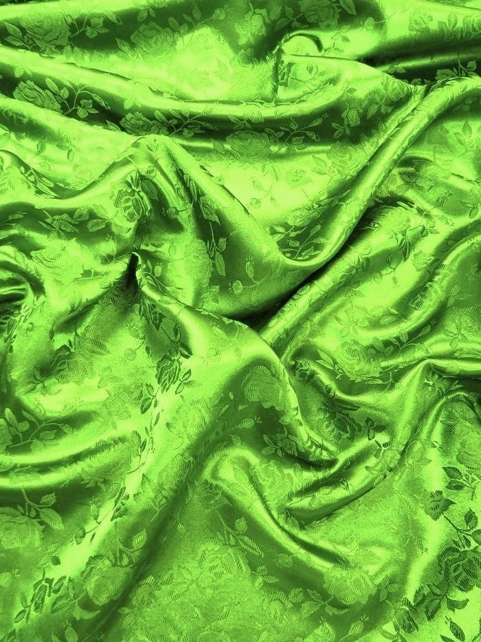 Floral Rose Jacquard Satin Fabric / Lime Green / Sold By The Yard