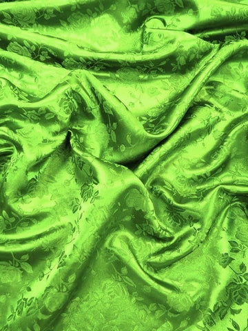 Floral Rose Jacquard Satin Fabric / Lime Green / Sold By The Yard