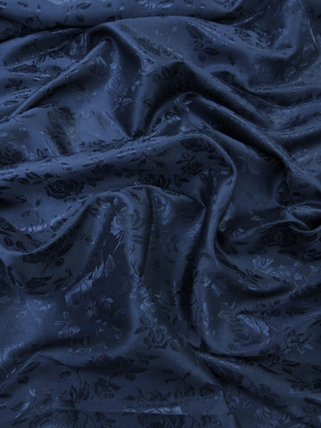 Floral Rose Jacquard Satin Fabric / Navy / Sold By The Yard