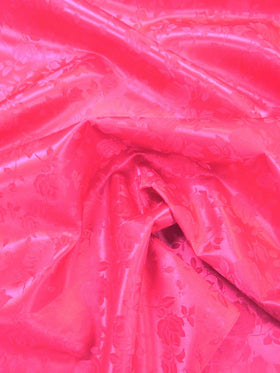 Floral Rose Jacquard Satin Fabric / Neon Pink / Sold By The Yard