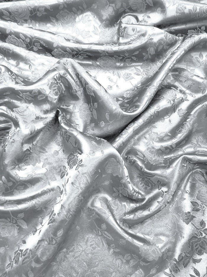 Floral Rose Jacquard Satin Fabric / Silver / Sold By The Yard