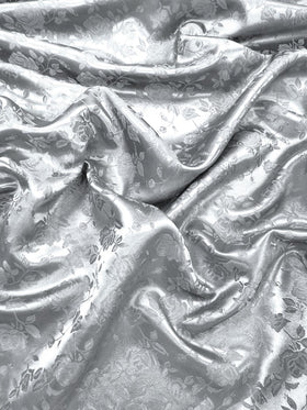 Floral Rose Jacquard Satin Fabric / Silver / Sold By The Yard