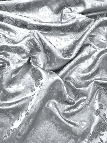 Floral Rose Jacquard Satin Fabric / Silver / Sold By The Yard